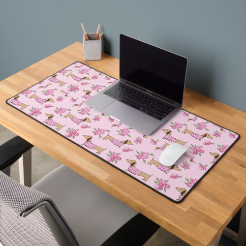Dachshund themed desk mat  Pink floral peonies