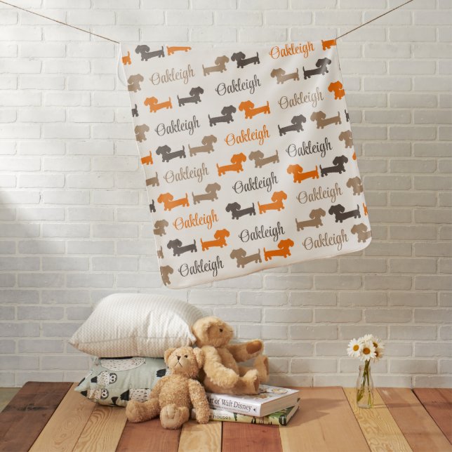 Dachshund-Themed Nursery Custom Name Earthy Tones Baby Blanket (In Situ)