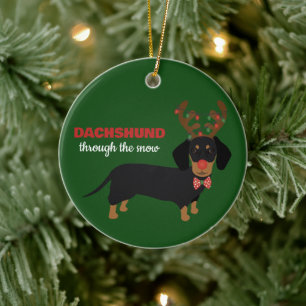 Dachshund Through Snow Cute Doxie Reindeer Dog Ceramic Ornament