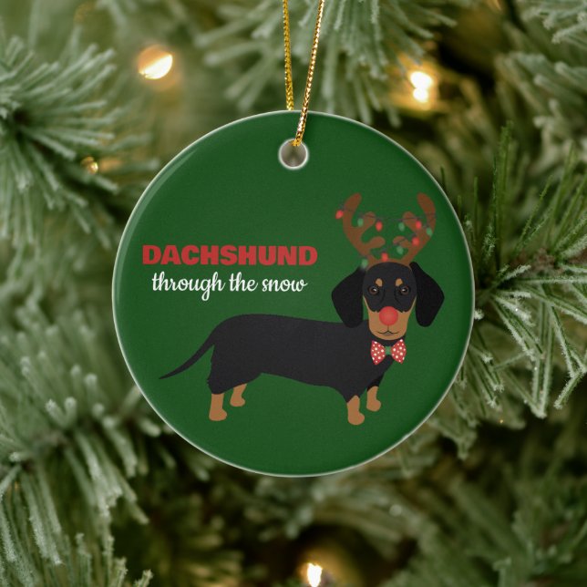 Dachshund Through Snow Cute Doxie Reindeer Dog Ceramic Ornament (Tree)