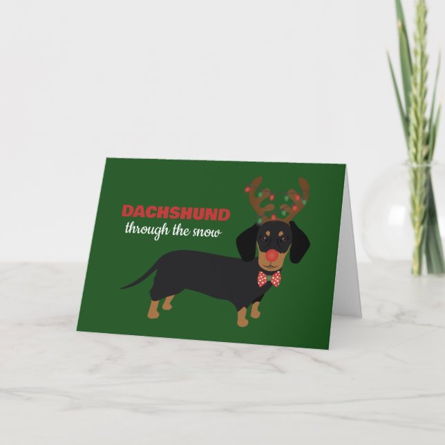 Dachshund Through Snow Cute Doxie Reindeer Dog Holiday Card (Front)