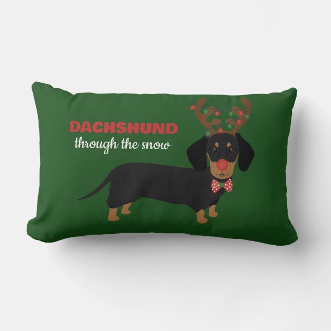 Dachshund Through Snow Cute Doxie Reindeer Dog Lumbar Pillow (Front)