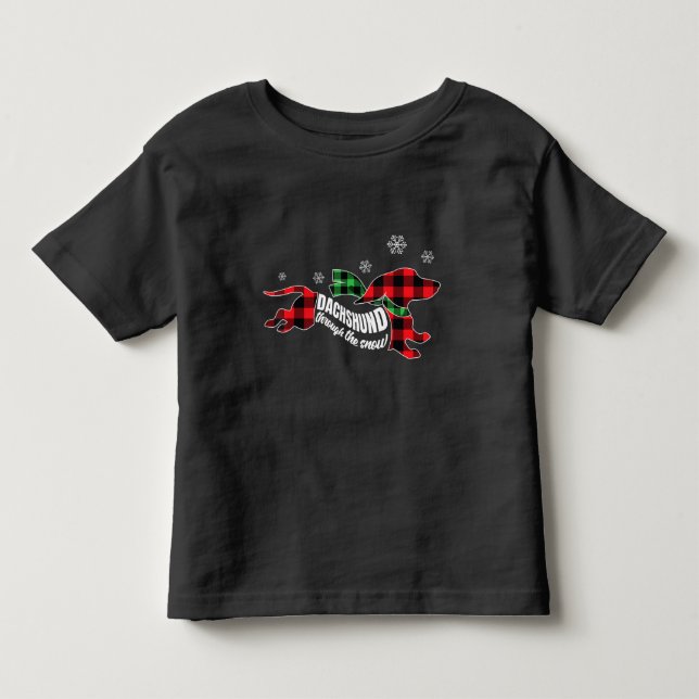 Dachshund Through Snow Doxie Dog Plaid Christmas Toddler T-shirt (Front)