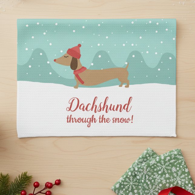 Dachshund Through the Snow Christmas Hand Towel (Dachshund through the snow dish towel - great hostess or white elephant gift - useful, inexpensive)