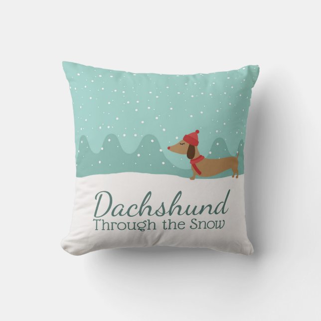 Dachshund Through the Snow Christmas Pillow (Front)