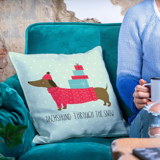 Dachshund Through The Snow Cute Christmas Dog Fun Throw Pillow (Creator Uploaded)