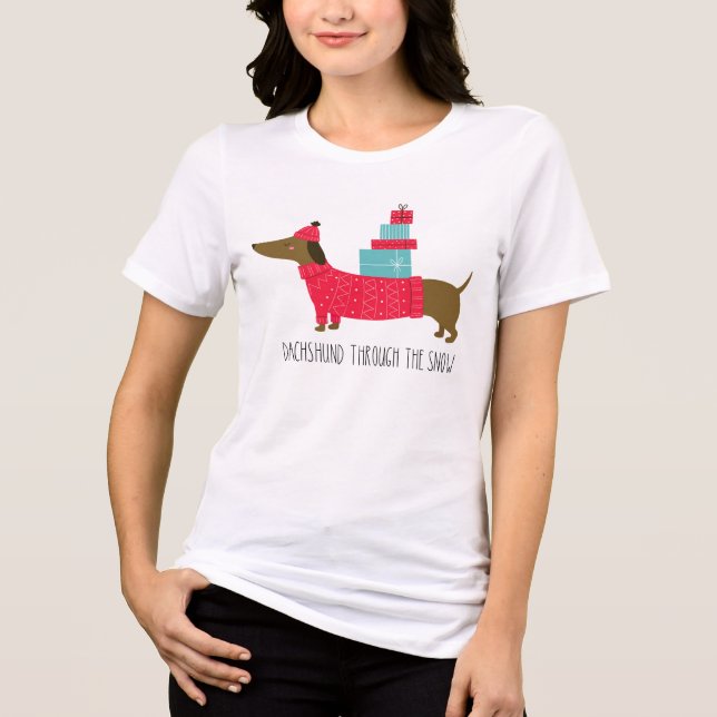 Dachshund Through The Snow Cute Christmas Dog Fun Tri-Blend Shirt (Front)