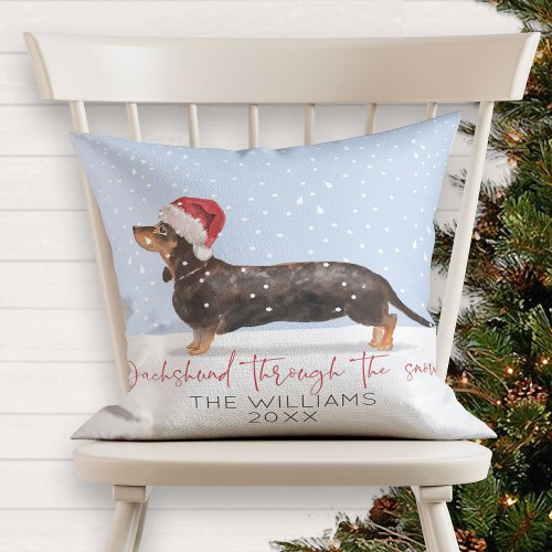 DACHSHUND THROUGH THE SNOW Cute Christmas Monogram Throw Pillow