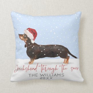 DACHSHUND THROUGH THE SNOW Cute Christmas Monogram Throw Pillow