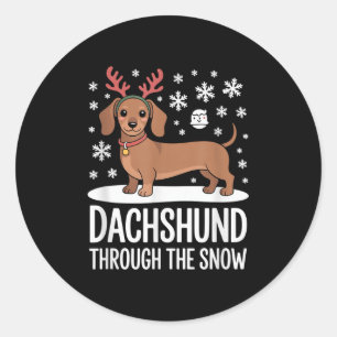 Dachshund Through The Snow Cute Reindeer Christmas Classic Round Sticker
