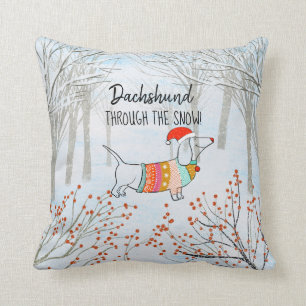 Dachshund through the snow! cute winter throw pillow