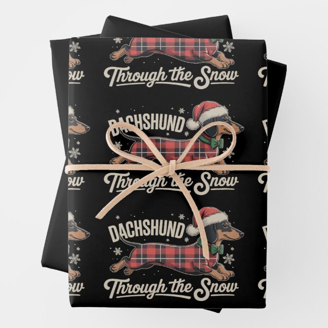 Dachshund Through The Snow Dog Christmas Plaid Wrapping Paper Sheets (In situ)