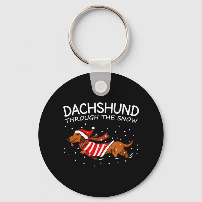Dachshund Through The Snow Funny Dog Christmas Keychain (Front)