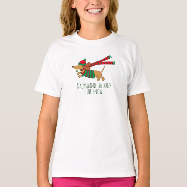 Dachshund Through the Snow Girls' Ruffle T-Shirt (Front)