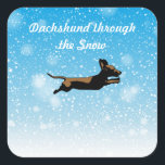 Dachshund through the Snow Holiday Gifts Square Sticker<br><div class="desc">Dachshund through the snow features this adorable wiener dog flying through the snowy air. Great for Christmas or Hanukah holiday gifts or just for fans of winter and sausage dogs.</div>