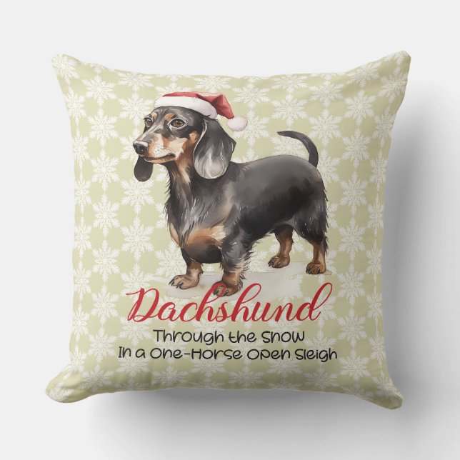 Dachshund Through The Snow in a One-Horse Sleigh Throw Pillow (Front)