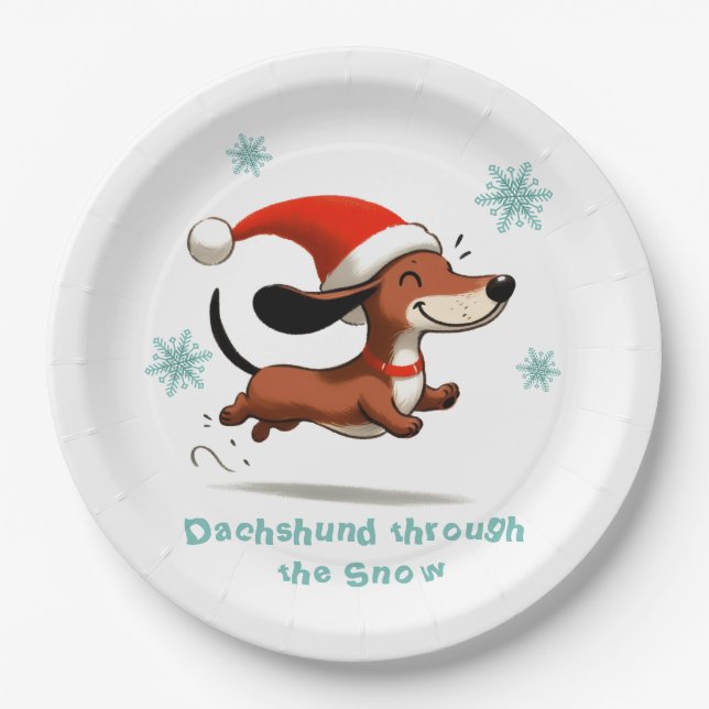 Dachshund through the Snow puppy dog Christmas Paper Plates (Front)