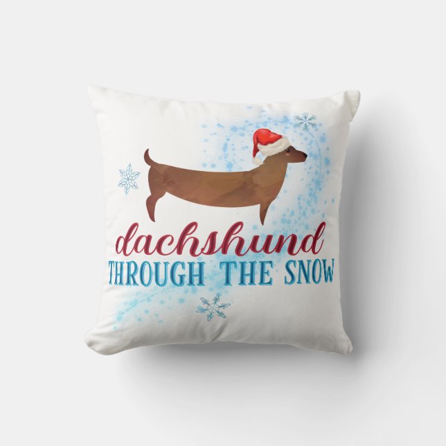 Dachshund Through the Snow Santa Dog Christmas Throw Pillow (Front)