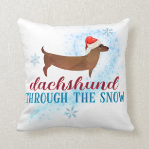 Dachshund Through the Snow Santa Dog Christmas Throw Pillow