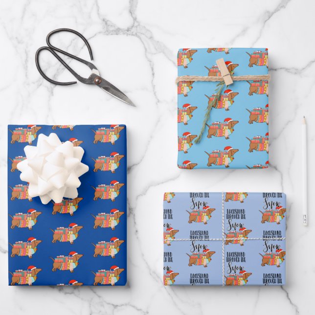 Dachshund Through The Snow sausage dog Wrapping Paper Sheets (Front)