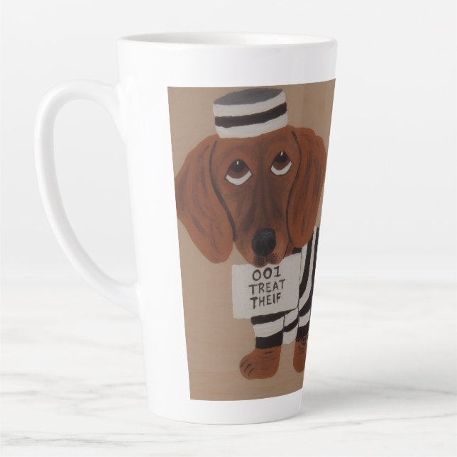 Dachshund Treat Thief Jailbird Latte Mug (Left)