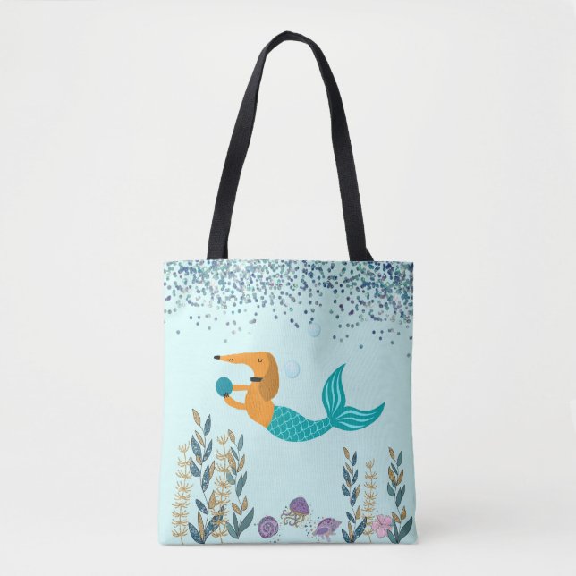 Dachshund Turquoise Mermaid Tail Tote Bag (Front)