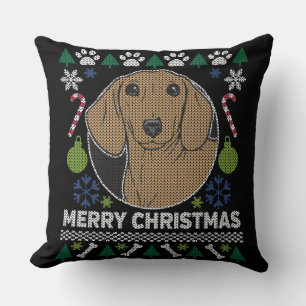 Dachshund Ugly Christmas Sweater Dog Design Throw Pillow