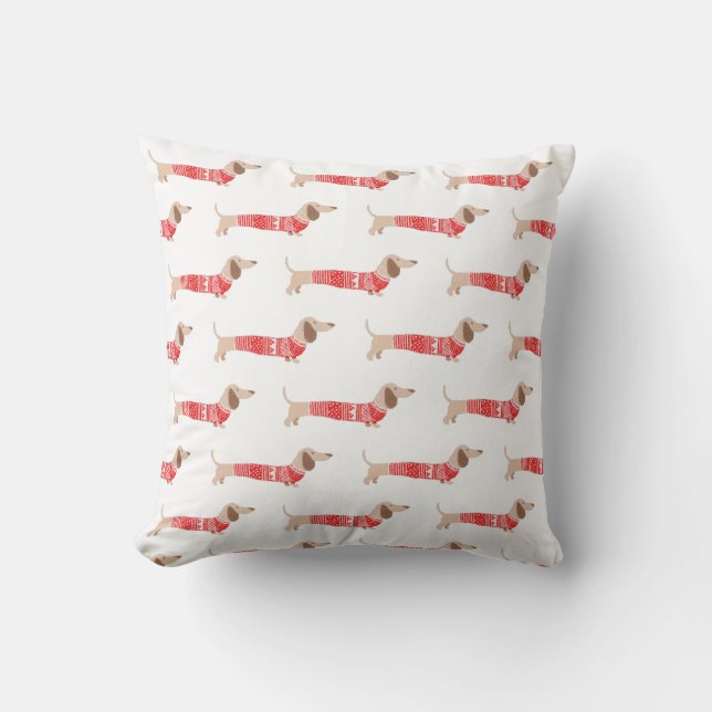 Dachshund Ugly Red Christmas Sweater Pattern Throw Pillow (Front)