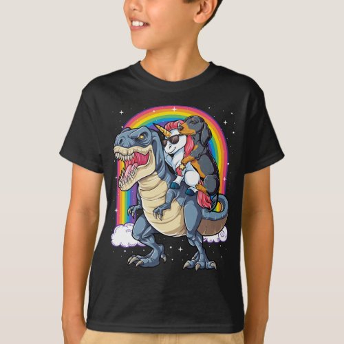Dachshund Unicorn Riding Dinosaur T rex Gifts Wome T_Shirt