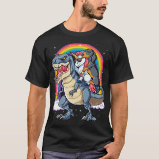 Dachshund Unicorn Riding Dinosaur T rex T-Shirt