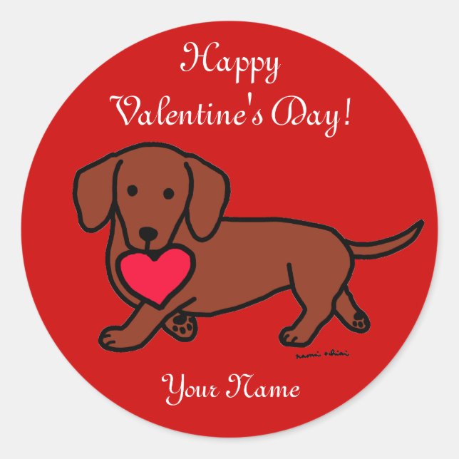 Dachshund Valentine Cartoon Classic Round Sticker (Front)