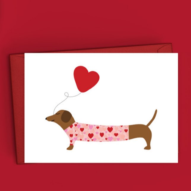 Dachshund Valentine, Valentine's Day Pink and Red Note Card (Creator Uploaded)