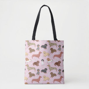dachshund variety pattern in pink tote bag