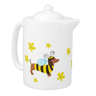 Dachshund W/Bumble Bee Sweater & Daisies Teapot