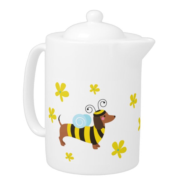 Dachshund W/Bumble Bee Sweater & Daisies Teapot (Left)