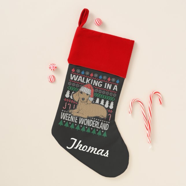 Dachshund Walking In A Weenie Wonderland Christmas Stocking (Front)
