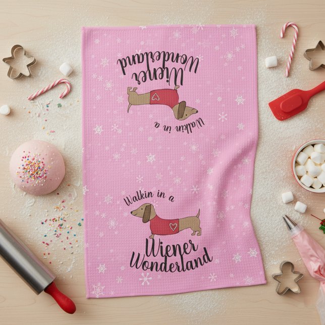 Dachshund  Walking in a Wiener Wonderland Doxie  Kitchen Towel (Walking in a wiener wonderland dachshund kitchen dish towel for Christmas decor)