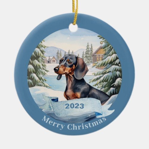 Dachshund Watercolor Dog Christmas Ceramic Ornament