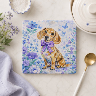 Dachshund Watercolor Purple Floral Trivet
