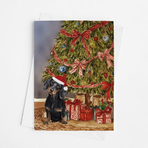 Dachshund Watercolor Under the Christmas Tree Card