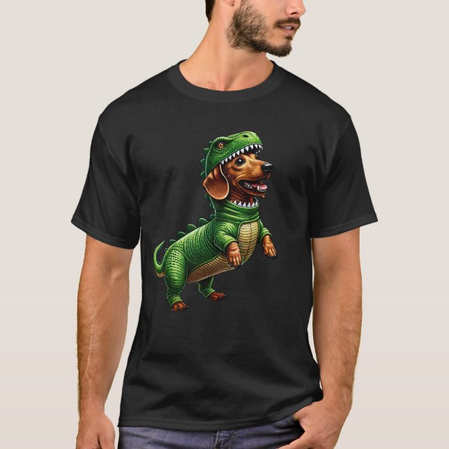 Dachshund Wearing Dinosaur Outfit Funny Dog Lover T-Shirt (Front)