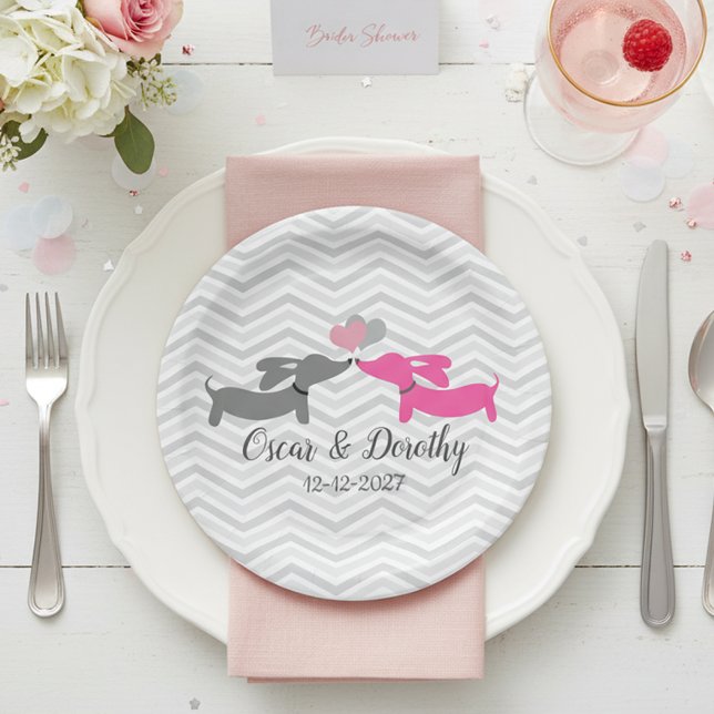 Dachshund Wedding Personalize Paper Plates (Wiener dog bridal shower party supplies or wedding reception dessert plates )