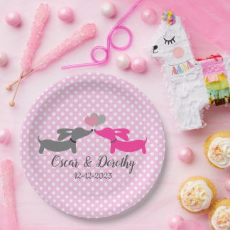 Dachshund Wedding Personalize Pink Kissing Doxies Paper Plates
