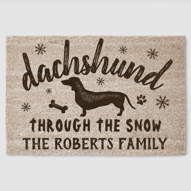 Dachshund Weiner Dog Winter Snow Custom Name Fiber Doormat (Front)