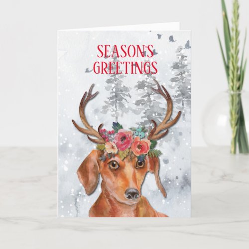 Dachshund Weiner Doxie Daxi Dog Floral Antlers Hol Holiday Card