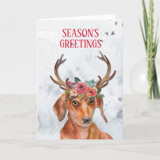 Dachshund Weiner Doxie Daxi Dog Floral Antlers Hol Holiday Card