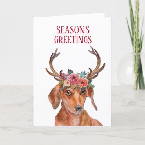 Dachshund Weiner Doxie Daxi Dog Floral Antlers Holiday Card