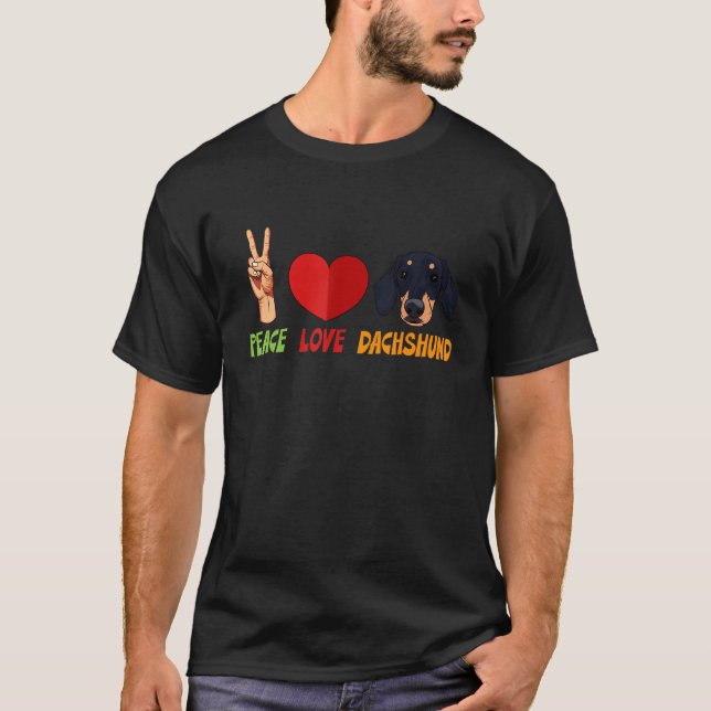 Dachshund Weiner Peace Love Unity Heart Truce Pets T-Shirt (Front)