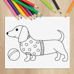 Dachshund Wiener Dog and Ball Coloring Page Rubber Stamp