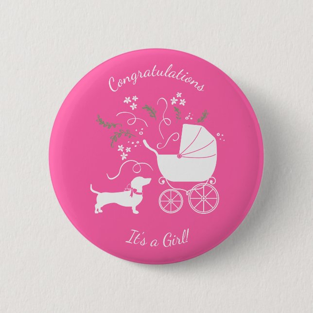 Dachshund Wiener Dog Baby Shower Pink Girl Button (Front)